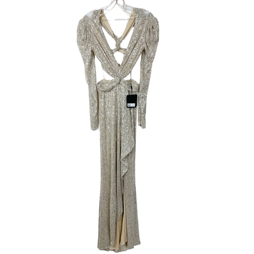 NWT Mac Duggal Silver Sequined Criss Cross Long Sleeve Gown Nude 4 - Picture 3 of 8
